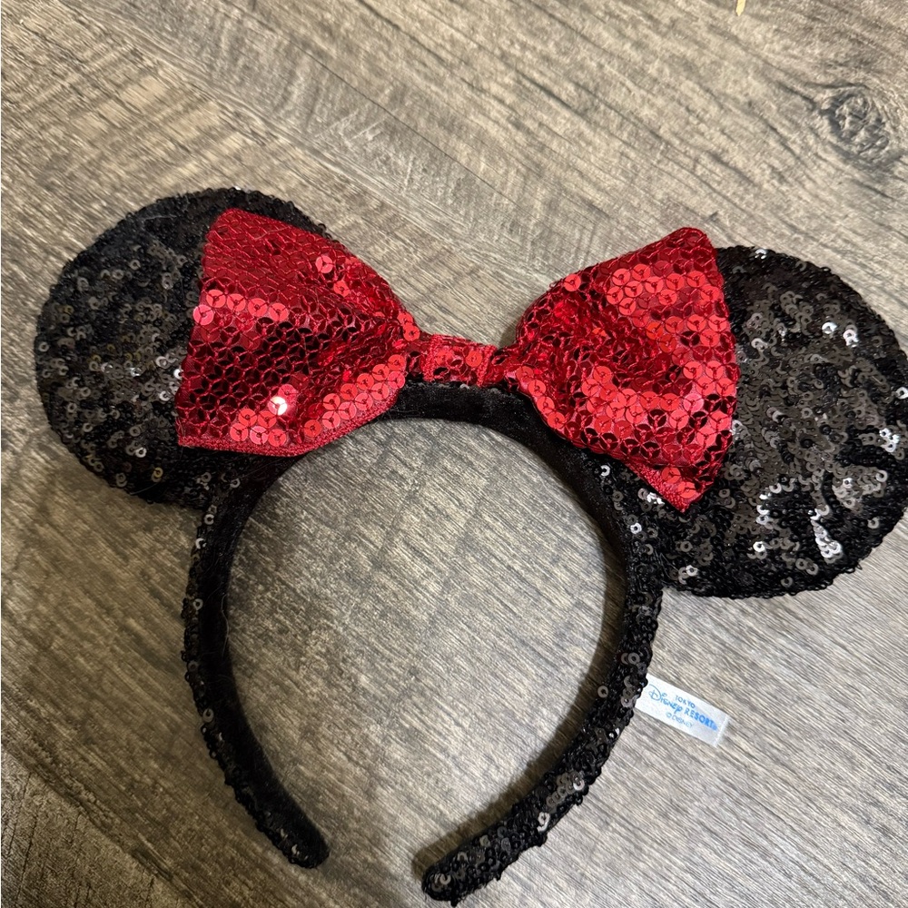 Sequin Mouse Ears Headband with Red Bow
